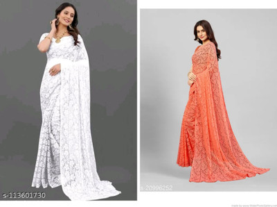 Nilkanthvarni Creation Self Design Bollywood Net Saree(Pack of 2, White, Orange)