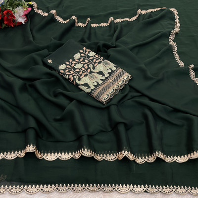 K 5 FASHION Embellished Bollywood Georgette Saree(Dark Green)