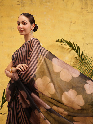SILK ZONE Digital Print Chanderi Cotton Blend Saree(Brown)