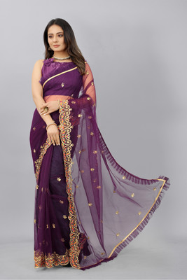Barkiya Creation Embroidered Bollywood Net Saree(Purple)