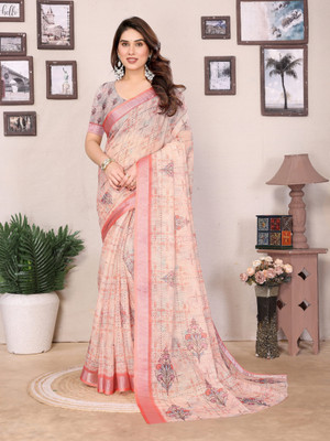 Soor Panchi Digital Print Paithani Cotton Linen Saree(Pink)