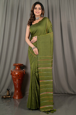 SareeVastra Printed Handloom Cotton Blend, Chanderi Saree(Green)