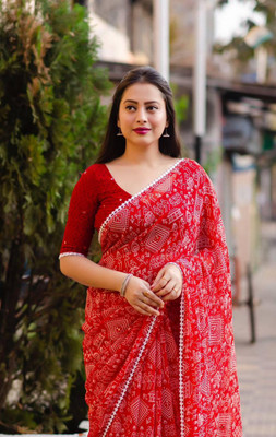 vdc Printed Bandhani Chiffon Saree(Red)