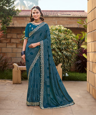 Sareemall Printed Bollywood Silk Blend Saree(Dark Blue)