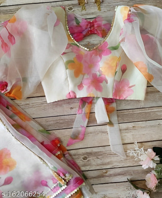 kraddle Floral Print Bollywood Organza Saree(White)