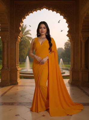 Moda Rapido Solid/Plain Bollywood Georgette Saree(Yellow)