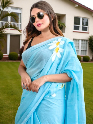 SARKARETHNIC Printed, Digital Print Tant Pure Cotton Saree(Light Blue)