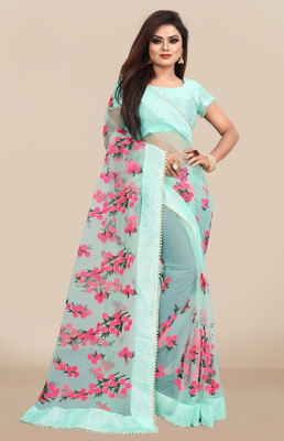 RE Renny Enterprise Embroidered Bollywood Net Saree(Light Blue)