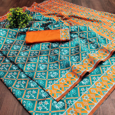 Divastri Printed Patola Art Silk, Cotton Silk Saree(Light Blue, Orange)
