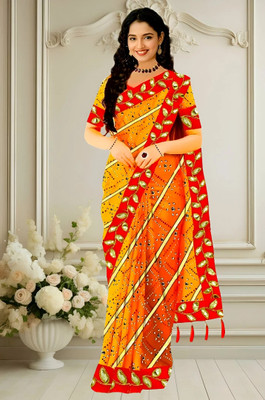 Lado Rani Printed, Embellished Kota Doria Silk Blend Saree(Pack of 2, Yellow, Red)