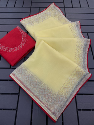 JENNYFEB Embroidered Bollywood Supernet Saree(Cream, Red)