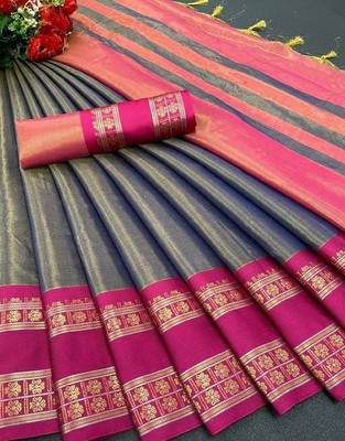 FashionPallavi Printed Chettinadu Jacquard, Cotton Silk Saree(Grey, Pink)