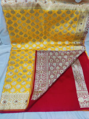 shree ambaji saree Woven Banarasi Silk Blend Saree(Yellow)