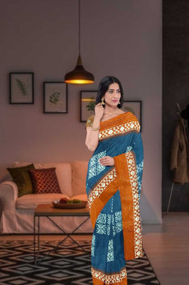 Ruhabs Printed Ikkat Cotton Blend Saree(Light Blue)