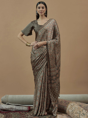 Sareemall Printed Hand Batik Crepe Saree(Beige)