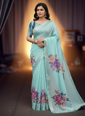 Myraani Floral Print Daily Wear Cotton Linen Saree(Light Blue)