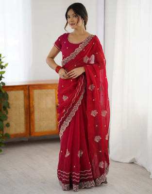 all about you Embroidered, Self Design Bollywood Chiffon Saree(Red)