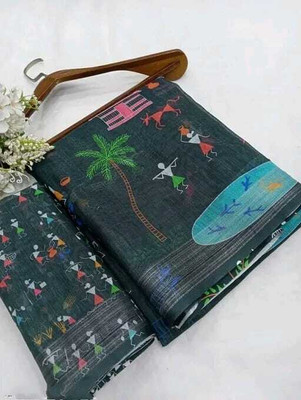 TOPPA Digital Print Bollywood Cotton Linen Saree(Multicolor)