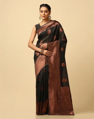 kevamifashion Geometric Print Kanjivaram Tussar Silk Saree(Black)