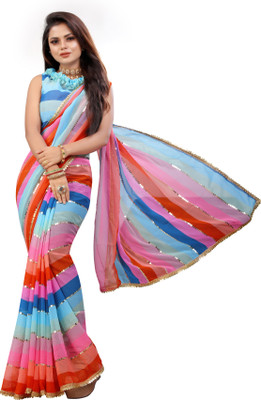 SHOBHTESH Striped, Digital Print, Embroidered Bollywood Georgette Saree(Multicolor)
