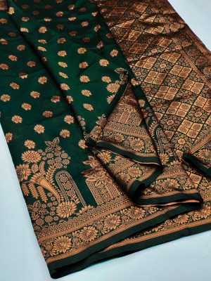 Aadvika Woven Kanjivaram Jacquard Saree(Dark Green, Gold)