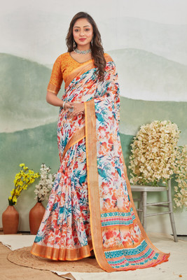 jeravi Digital Print Mysore Cotton Linen Saree(Yellow)
