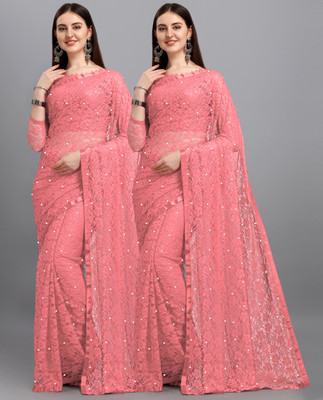 LOROFY Self Design Bollywood Net Saree(Pack of 2, Pink)