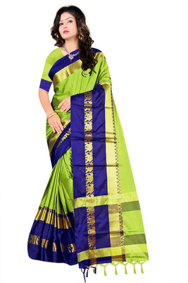 DEEP KIRAN FABRICS Temple Border, Self Design, Blocked Printed, Woven Maheshwari Cotton Silk Saree(Yellow)