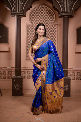 LeeliPeeri Designer Printed Paithani Cotton Silk Saree(Blue)