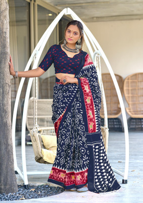 JASU CREATION Printed Handloom Pure Cotton Saree(Blue)
