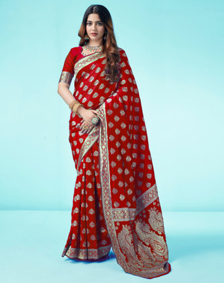 SIRIL Embellished, Self Design, Woven Banarasi Art Silk Saree(Red, Gold)