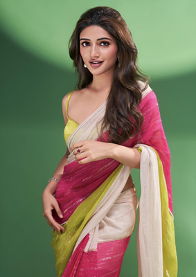 Labheshwari Striped, Printed Bollywood Chiffon Saree(Multicolor)