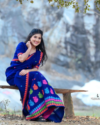 Sheden Lopez Creation Self Design Mekhela Chador Cotton Blend Saree(Blue)