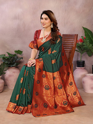 Bieth Woven, Floral Print Banarasi Cotton Silk, Silk Blend Saree(Green)