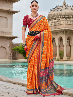 ANOUK Woven Bandhani Silk Blend Saree(Orange)