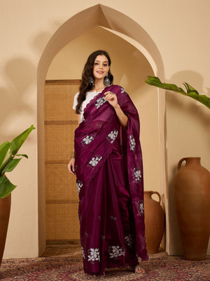 FABMORA Embellished, Embroidered Bollywood Chiffon Saree(Purple)