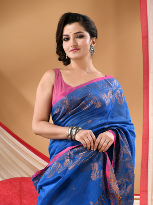 Desh Bidesh Woven Bollywood Cotton Silk Saree(Light Blue)
