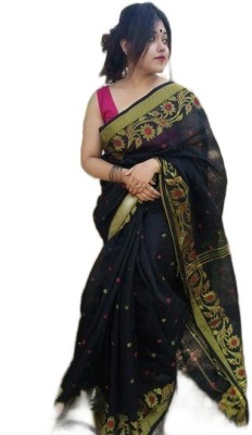 RRBB Self Design Handloom Pure Cotton Saree(Black)