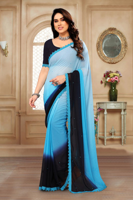 SNIXTY Embellished, Dyed Bollywood Georgette Saree(Light Blue)
