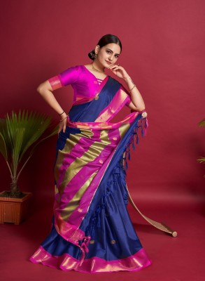 Verviza Woven Kanjivaram Pure Silk Saree(Dark Blue, Pink)