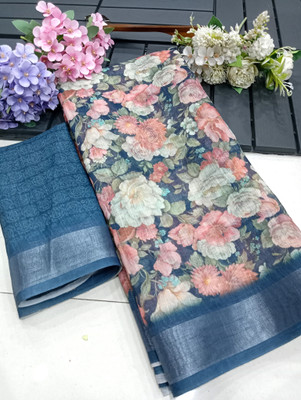 Mervadiya Floral Print Bollywood Linen, Cotton Linen Saree(Multicolor)