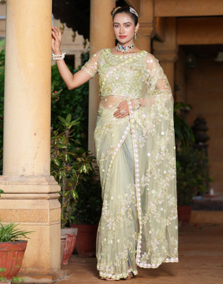 Satrani Embroidered, Embellished Bollywood Net Saree(Light Green)