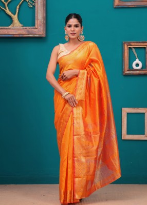 WRADAH Woven Chanderi Cotton Silk Saree(Orange)