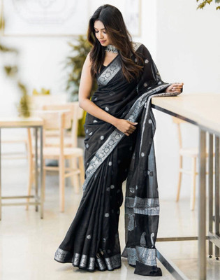 Samah Woven, Embellished Banarasi Cotton Silk Saree(Black, Silver)