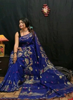 Puspa Fashion Printed, Self Design Jamdani Cotton Silk Saree(Blue)