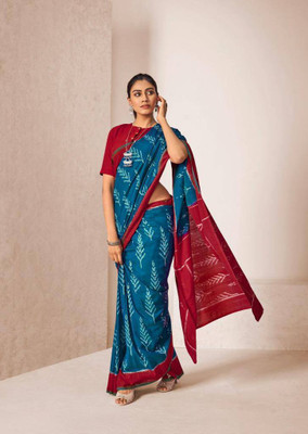 JASU CREATION Printed Ikkat Pure Cotton Saree(Blue)