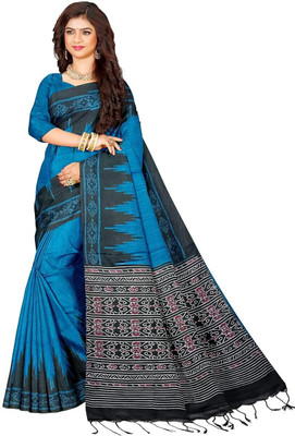 Joyguru Textile Printed Sambalpuri Cotton Blend Saree(Blue)