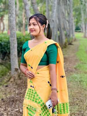 S P CREATION Woven Mekhela Chador Cotton Blend Saree(Yellow)