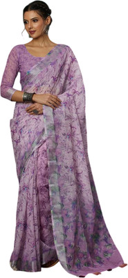 NEEV COLLECTION Floral Print, Digital Print, Printed Bollywood Cotton Linen Saree(Purple)