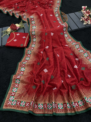 Mikhushop Printed Bollywood Silk Blend Saree(Red)